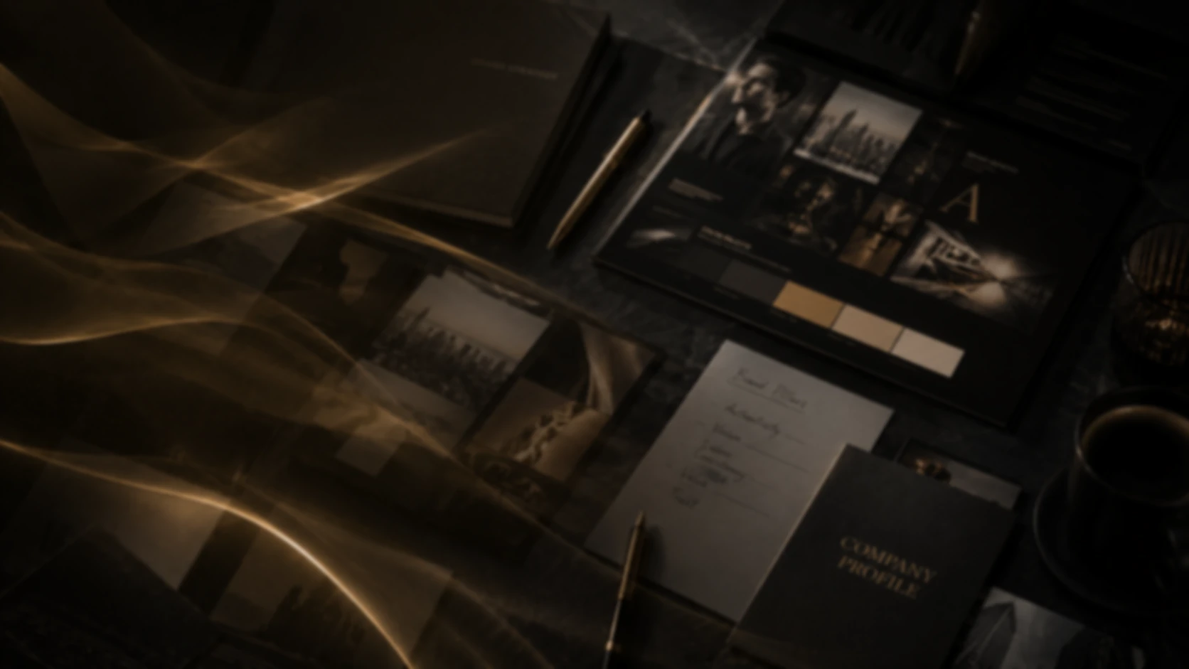 Dark brand studio table with a company profile, brand board, colour swatches and a gold pen