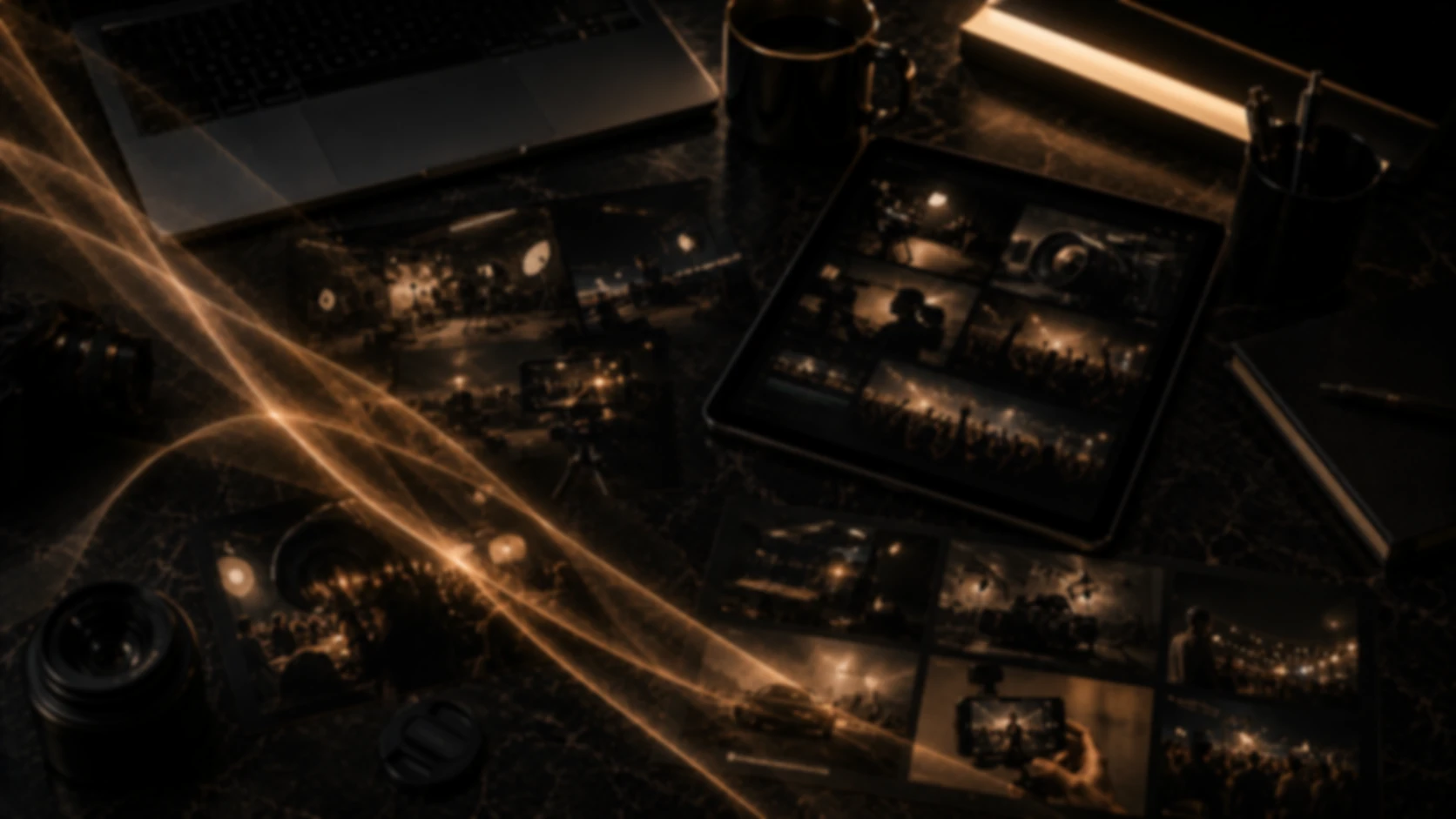 Dark creative production desk with a laptop, tablet, camera lens and printed film stills lit by gold light