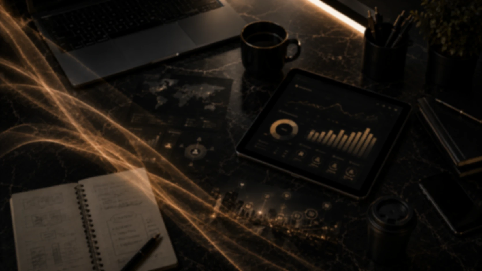 Dark desk with a tablet showing analytics charts, a strategy notebook and a world map lit by gold light