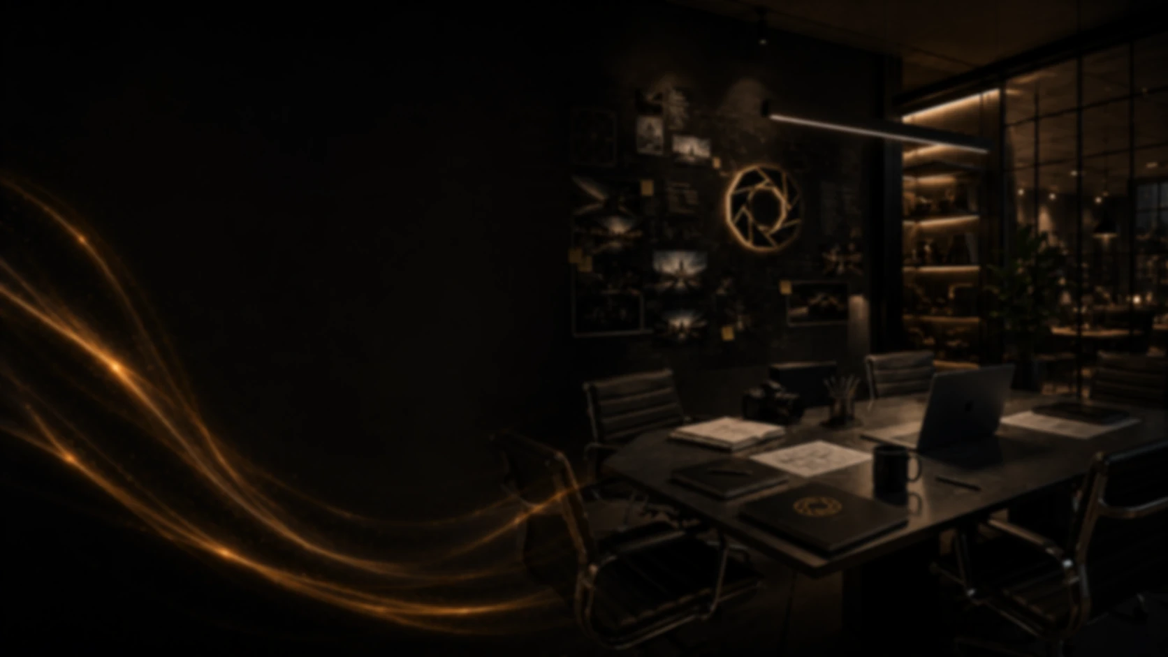 Dark creative meeting room with a mood board wall, cinema camera, laptop and notebooks on a long table lit by flowing gold light