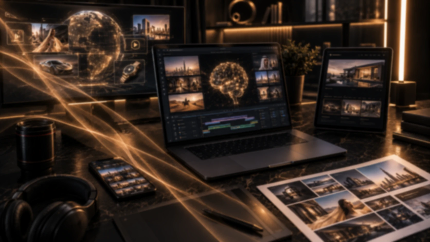 Dark studio desk with a laptop editing timeline, an AI neural graphic and website layouts on screens