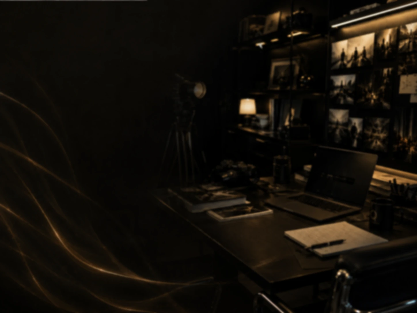 Dark personal branding workspace with a laptop, notebook, camera and mood-board prints under warm lighting