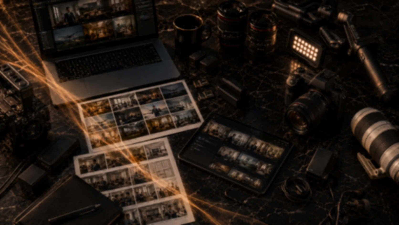 Dark production desk with an editing laptop, cinema lenses, camera bodies and contact sheets