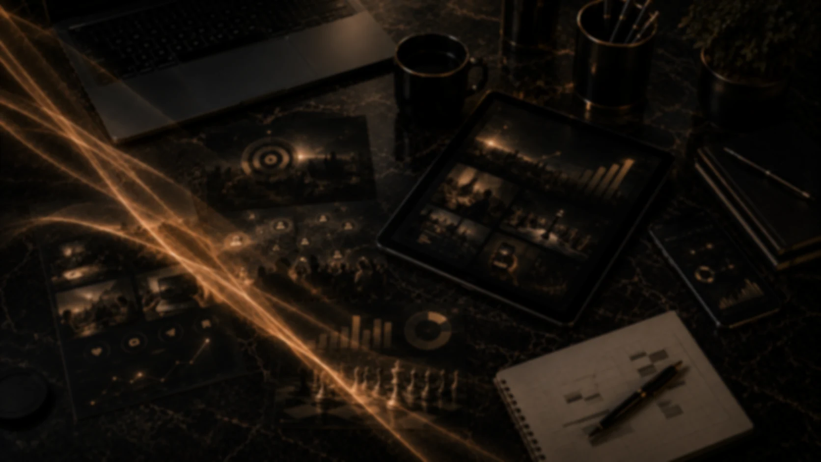 Dark desk with a tablet showing campaign analytics, printed social layouts and a planning notebook