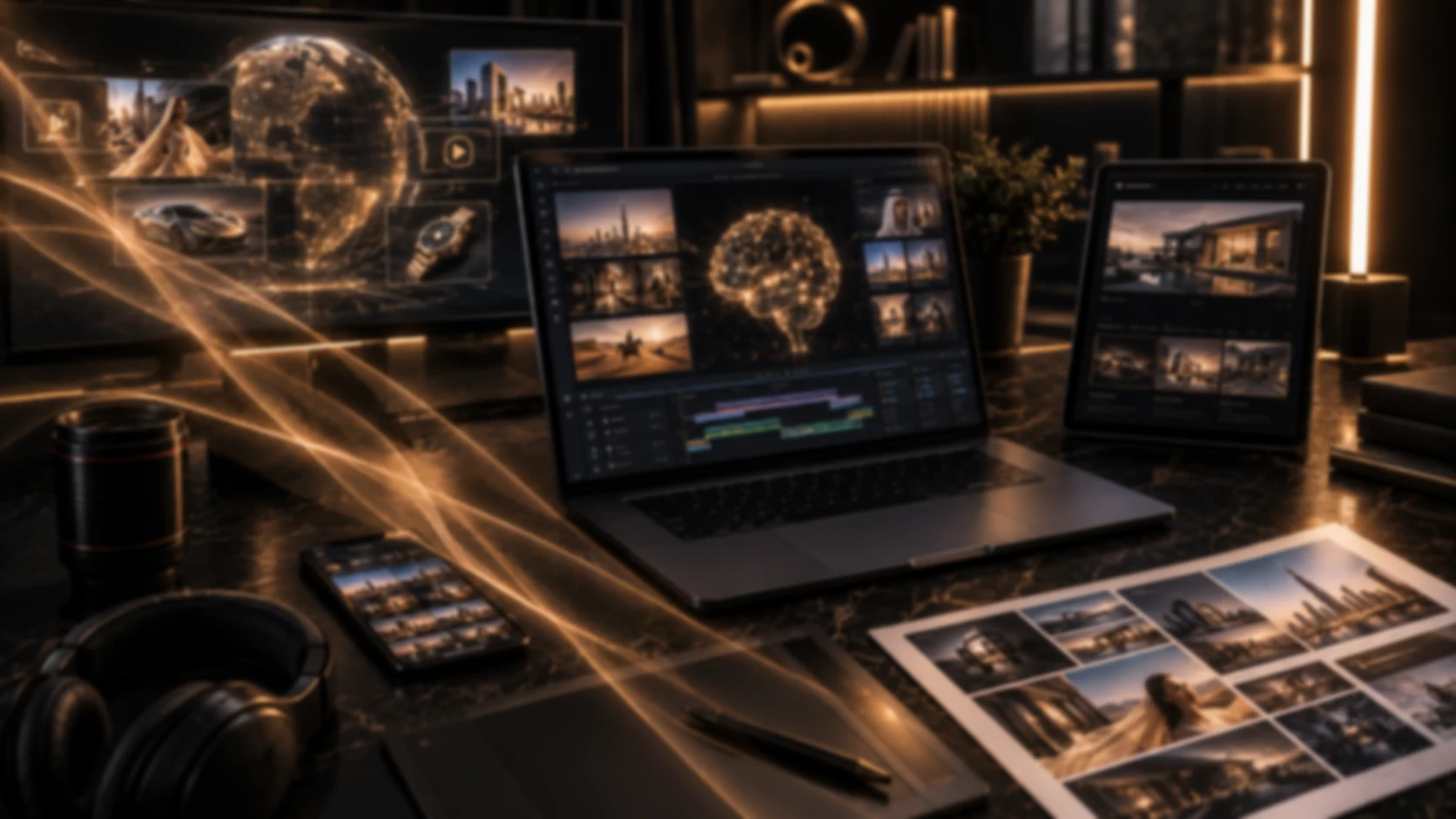 Dark studio workstation with website layouts, an editing timeline and an AI neural graphic in gold