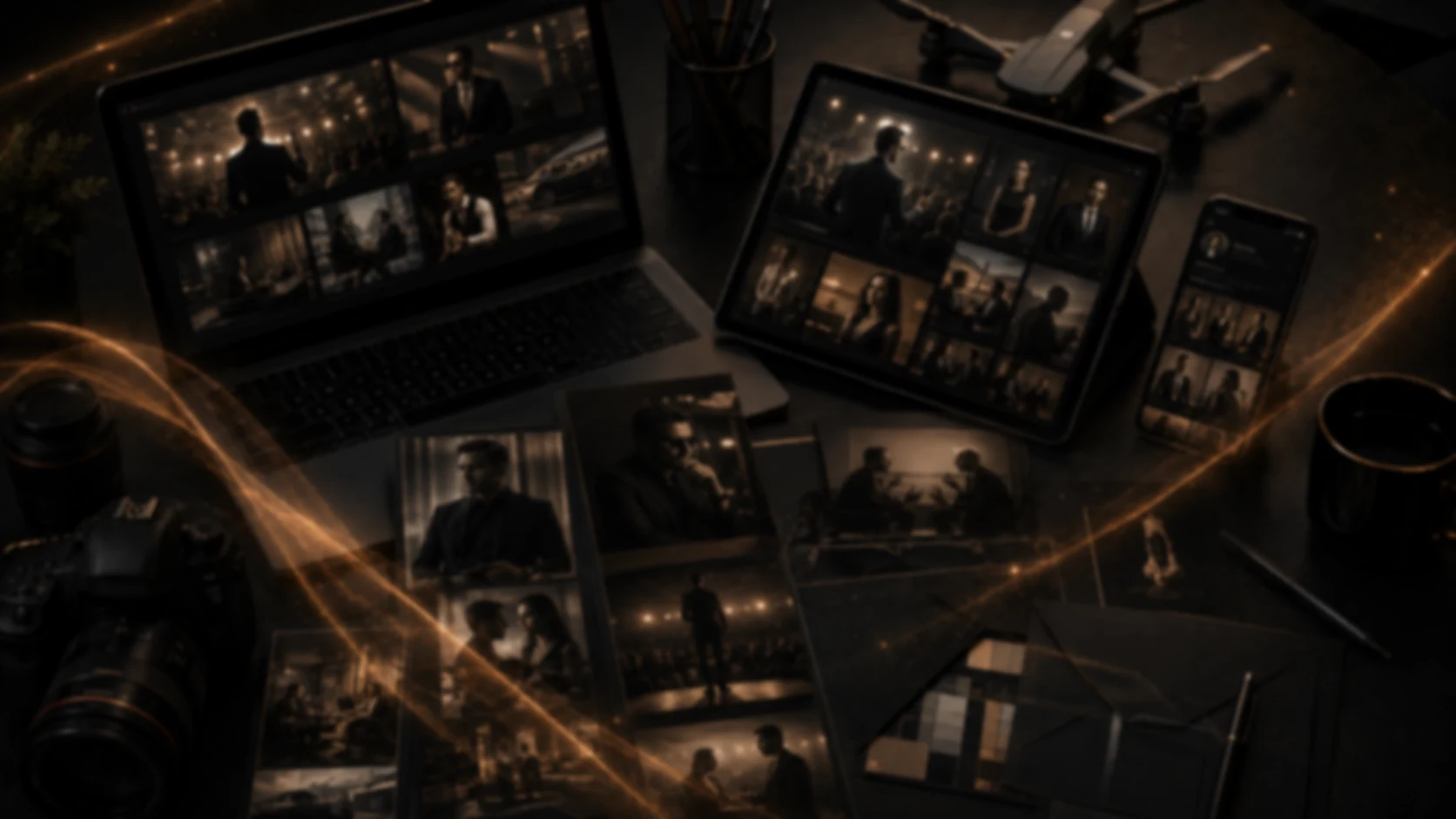 Dark desk with a laptop, tablet and phone showing personal brand portraits and speaking stills