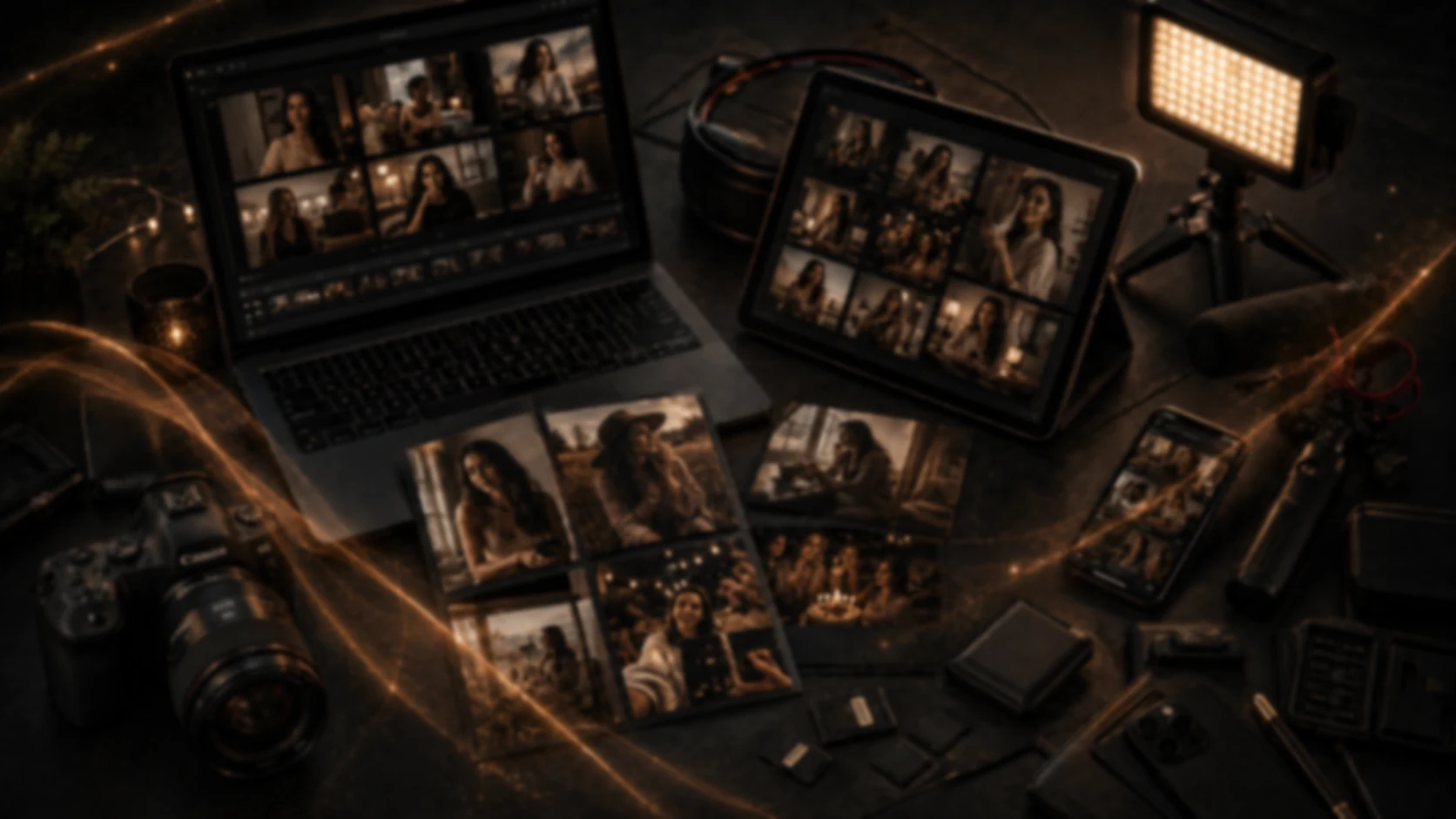 Dark creative desk with an editing laptop, tablet, camera, light panel and personal portrait prints