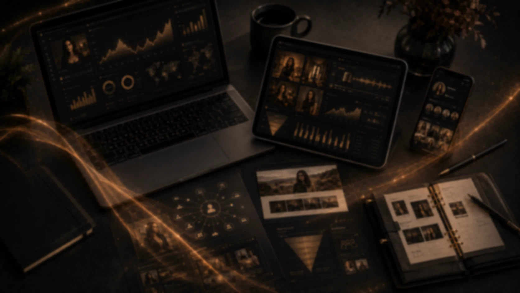 Dark desk with audience growth dashboards on a laptop, tablet and phone beside a planning journal