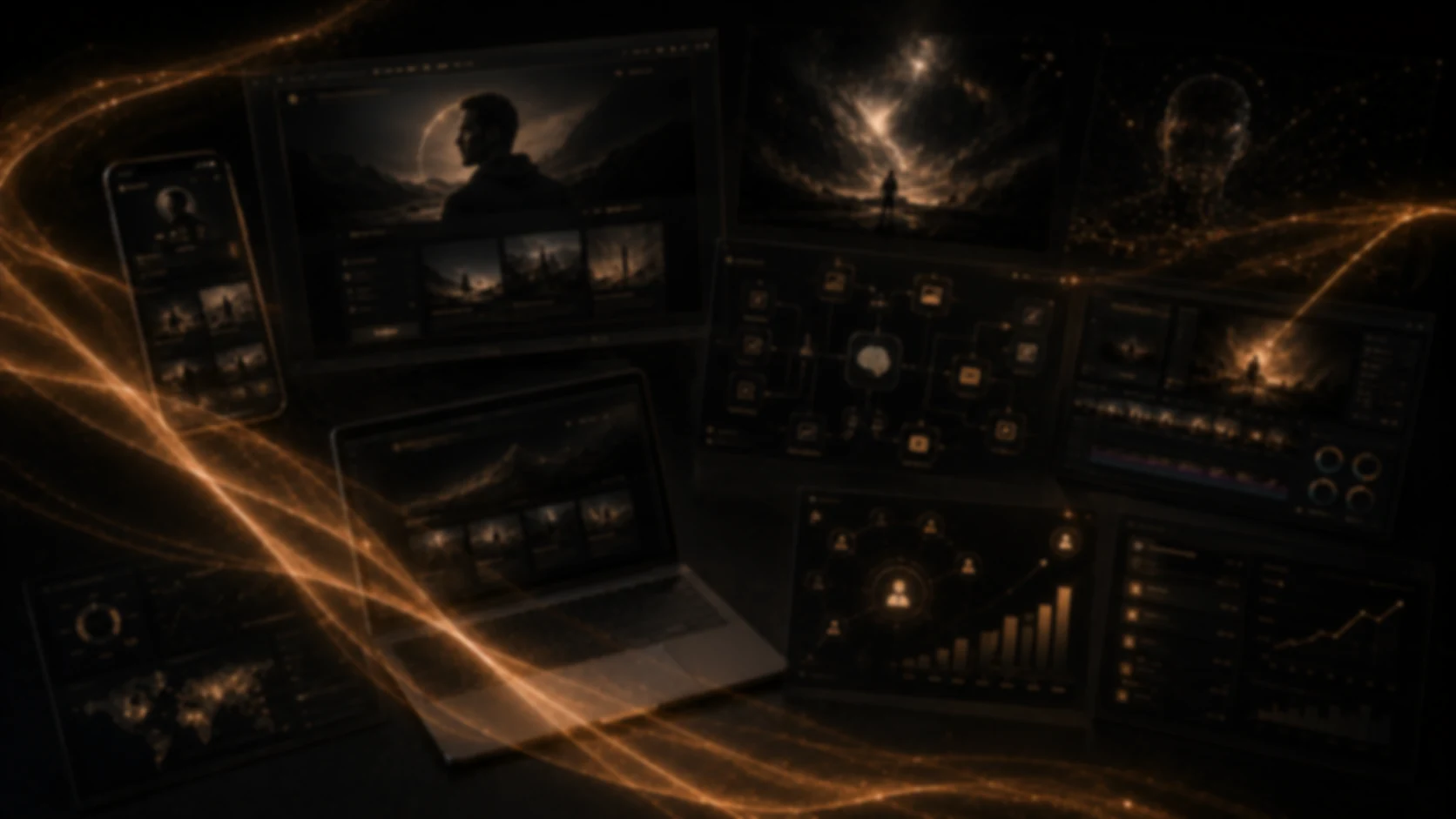 Dark screens showing a personal website, AI-generated cinematic visuals and audience analytics in gold